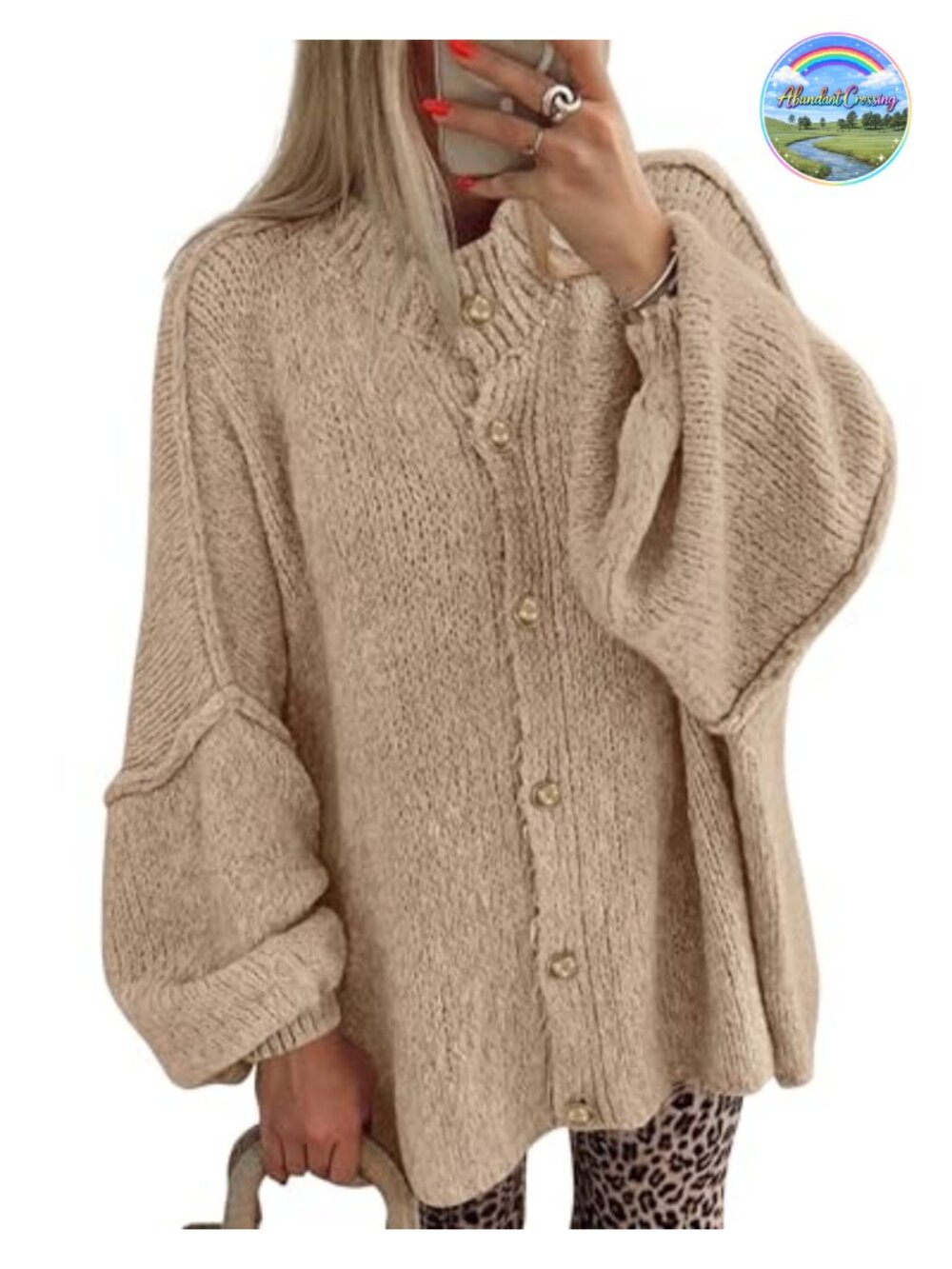 Oversized Button Down Cardigan Sweater Crew Neck Lantern Sleeve Loose Knit